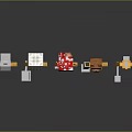 Various Yellow Block Characters with Mushroom and Animal Head Decorations Holding White Items