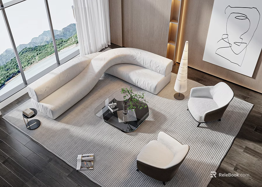 Modern Living Room White Sofa Black Coffee Table Armchairs Floor Lamp And Mountain View 3d model 
