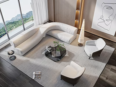 Modern Living Room White Sofa Black Coffee Table Armchairs Floor Lamp And Mountain View 3d model
