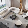 Modern Living Room White Sofa Black Coffee Table Armchairs Floor Lamp And Mountain View