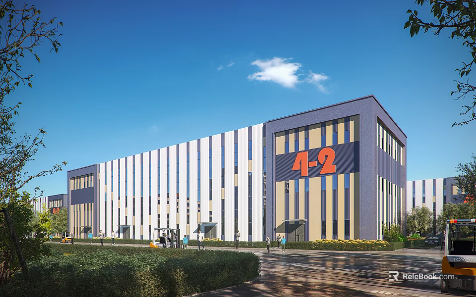 Industrial Factory Building Featuring Striped Facade Number 4-2 Signage Green Plants Trees and Outdoor Plaza 3d model 