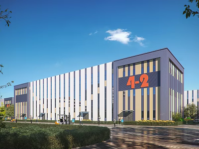 Industrial Factory Building Featuring Striped Facade Number 4-2 Signage Green Plants Trees and Outdoor Plaza 3d model
