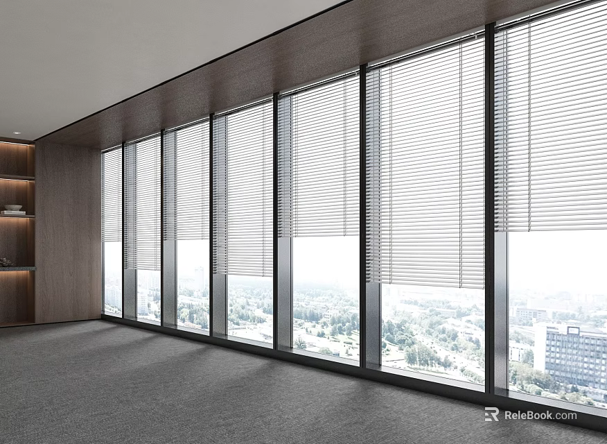 Floor to Ceiling Windows In Spacious Interior With Blinds And View 3d model