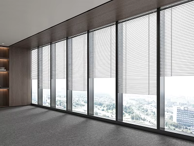 Floor to Ceiling Windows In Spacious Interior With Blinds And View 3d model