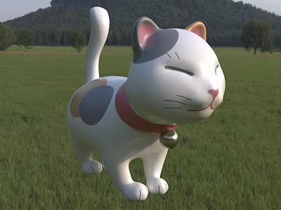 White Cat Shaped Decorative Ornament With Gray Pink Spots Red Collar And Bell 3d model