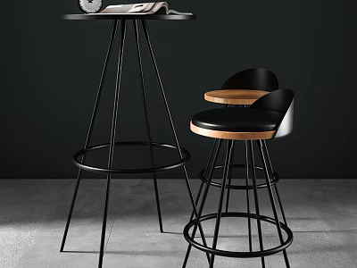 Modern Bar Stools With Black Metal Frame And Wooden Seat Design 3d model