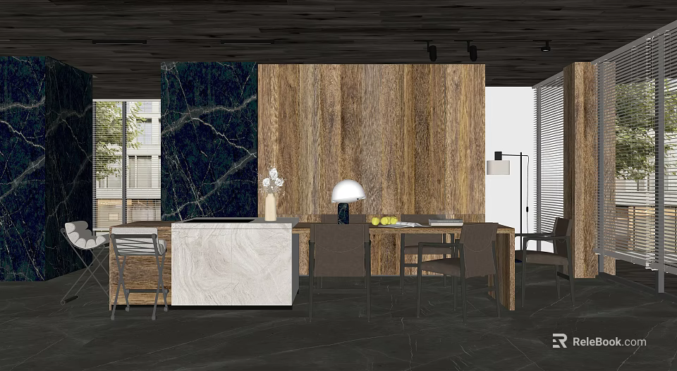 Modern Restaurant Interior With Wooden Walls Marble Counter Dining Table And Lighting 3d model 