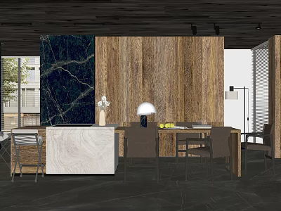 Modern Restaurant Interior With Wooden Walls Marble Counter Dining Table And Lighting 3d model