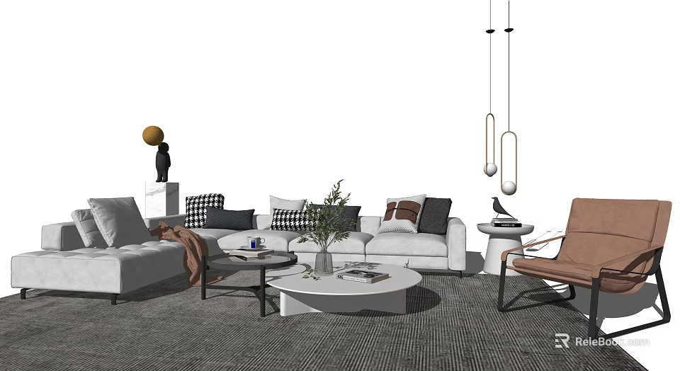 Modern Sofa And Coffee Table Set With Pillows Green Plants And Decorative Items 3d model