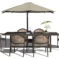 Outdoor Table and Chairs Set with Woven Rattan Seats and Beige Umbrella for Patio Relaxation