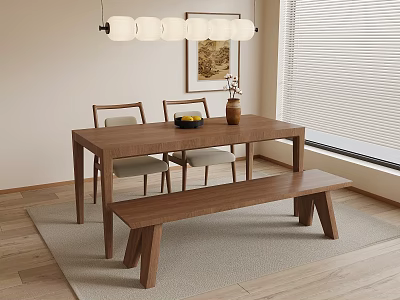 Modern Minimalist Dining Room Wooden Table with Chairs Bench and Natural Wood Design 3d model