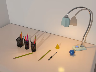Desk Setup Featuring Desk Lamp Pen Holders Pencils Cone And Blue Sphere 3d model
