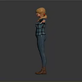 Blonde Woman In Plaid Shirt Blue Jeans Brown Boots With Arms Outstretched Against Gray Background