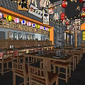 Japanese Style Restaurant Interior With Red Lanterns Daruma Decorations Wooden Tables and Chairs