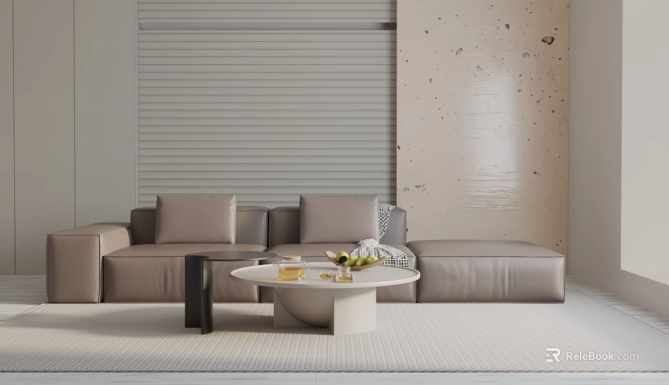 Modern Light Beige Three-Seater Sofa With Round White Coffee Table Blinds And Textured Wall 3d model 