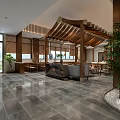 Traditional Chinese Restaurant Interior With Wooden Canopy Structure Marble Countertop And Wooden Tables