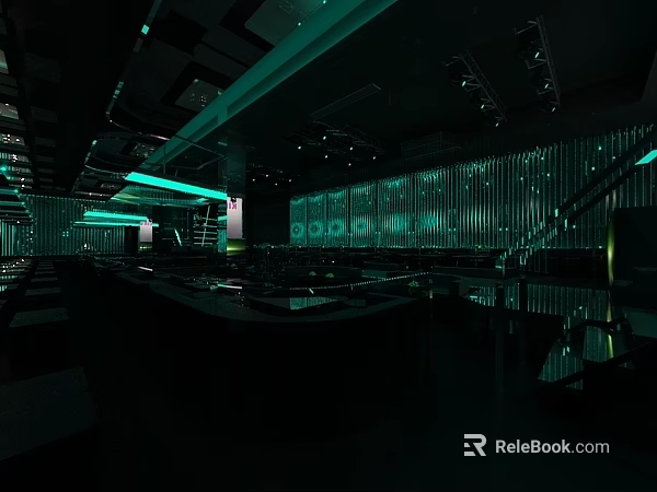 Stylish Modern Bar Interior Design With Green Lighting And Seating Area 3d model