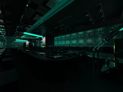 Stylish Modern Bar Interior Design With Green Lighting And Seating Area 3d model