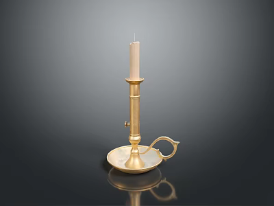 Golden Brass Candlestick Holder With White Candle And Handle Base 3d model