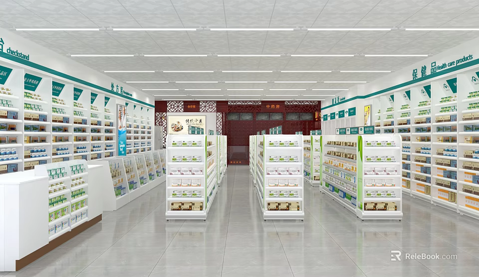 Bright Pharmacy Store Interior With Well Arranged Shelves And Various Medicines 3d model 
