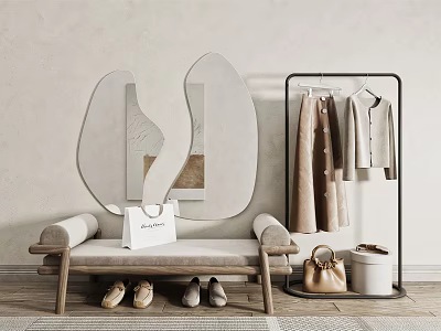 Modern Entryway Sofa Bench With Coat Rack Handbag Shoes And Decorative Mirror 3d model