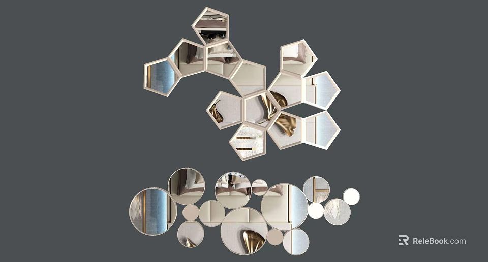 Geometric Wall Decor With Hexagonal and Circular Mirrors for Modern Home Interior 3d model 