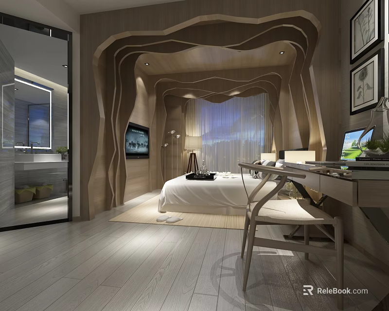 Modern Hotel Room with Wavy Wooden Decor Bed TV Desk and Floor to Ceiling Curtains 3d model 