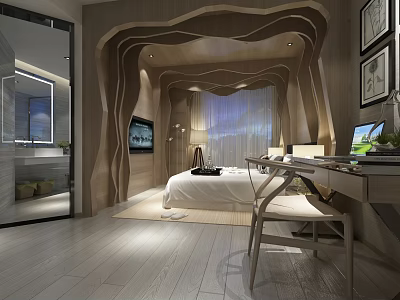 Modern Hotel Room with Wavy Wooden Decor Bed TV Desk and Floor to Ceiling Curtains 3d model