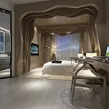 Modern Hotel Room with Wavy Wooden Decor Bed TV Desk and Floor to Ceiling Curtains