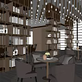 Elegant Modern Leisure Area With Comfortable Armchairs Coffee Tables Bookshelves And Decorative Lights