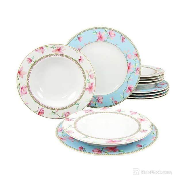 Elegant Porcelain Dinnerware Set With Blue Pink Floral Patterns And Stacked Plates 3d model 