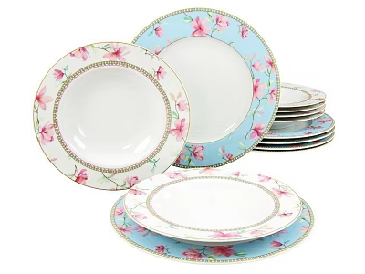Elegant Porcelain Dinnerware Set With Blue Pink Floral Patterns And Stacked Plates 3d model