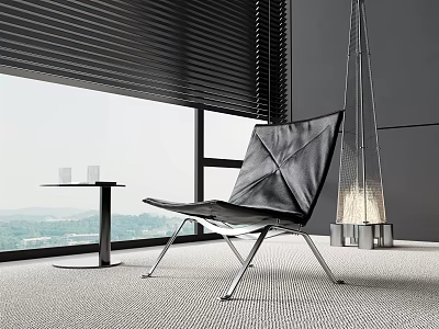 Black Leather Leisure Chair With Metal Frame Scenic Window View Side Table And Carpeted Floor 3d model
