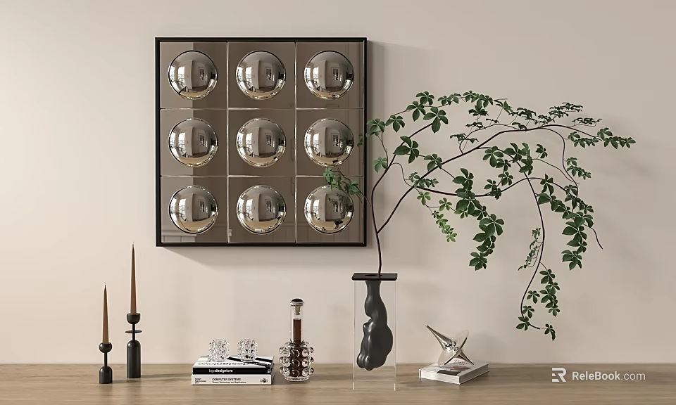 Stylish Decorative Ornament Combination with Grid Silver Sphere Frame Black Vase Green Branches Metal Bird 3d model 