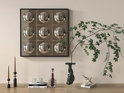 Stylish Decorative Ornament Combination with Grid Silver Sphere Frame Black Vase Green Branches Metal Bird 3d model