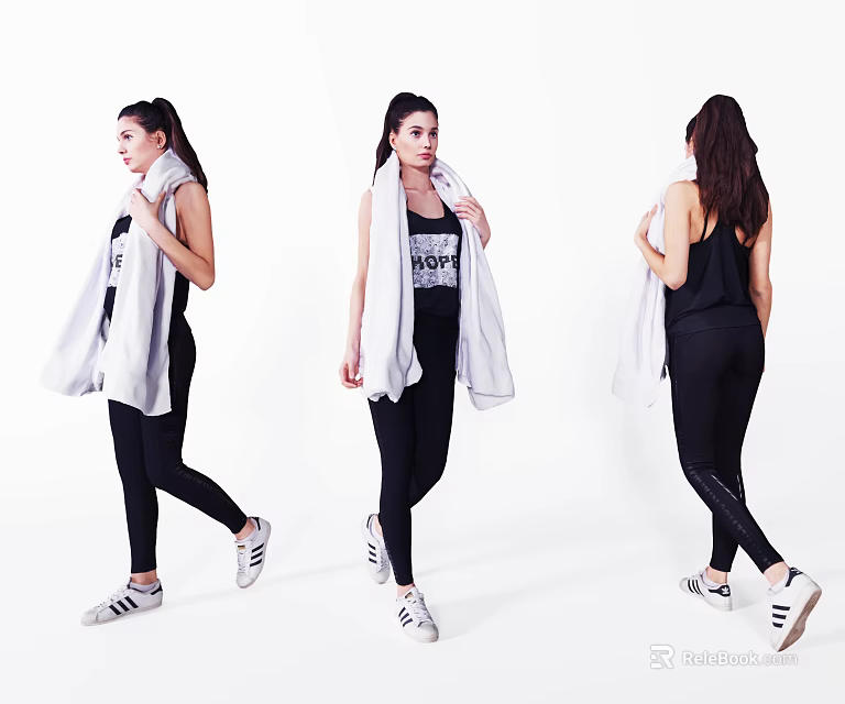 Women In Black Activewear Posing With White Towels And Sports Shoes From Different Angles 3d model 