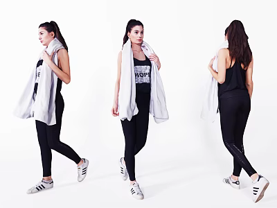 Women In Black Activewear Posing With White Towels And Sports Shoes From Different Angles 3d model