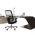 Modern Minimalist Office Desk Workstation With Black Mesh Chair Laptop And Desk Lamp