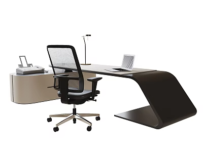 Modern Minimalist Office Desk Workstation With Black Mesh Chair Laptop And Desk Lamp 3d model