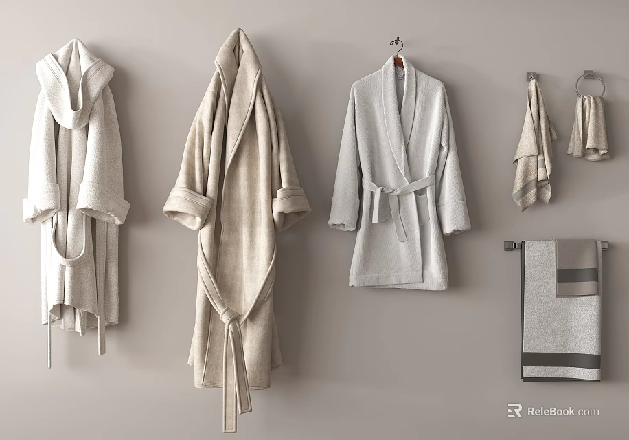 Light Toned Bathrobes And Towels Hanging On Wall 3d model 