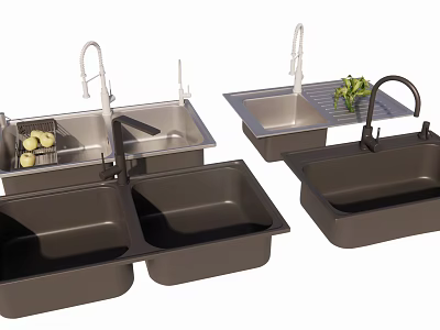 Modern Kitchen Faucets With Double And Single Bowl Sinks And Fresh Fruits Vegetables 3d model