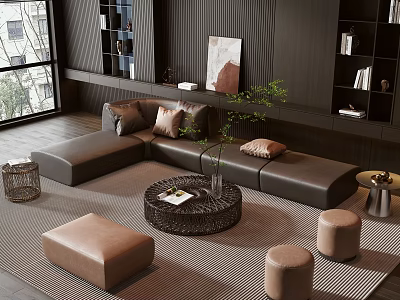 Modern Leather Sectional Sofa With Pillows Rattan Coffee Table And Footstools 3d model