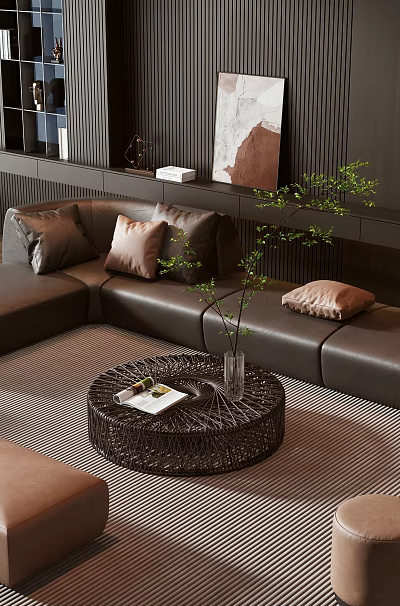 Modern Leather Sectional Sofa With Pillows Rattan Coffee Table And Footstools 3d model