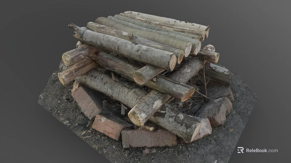 Rustic Wooden Logs And Stone Bricks Stacked Together In Natural Pile 3d model 