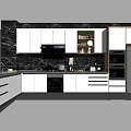 Modern Kitchen Cookware with White Cabinets Black Marble Backsplash and Stainless Steel Appliances