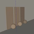 Light Brown Wall Paneling with Vertical Lines and Illuminated Strips Fronted by Three Wooden Spheres