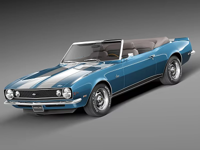Classic Blue Convertible Car with White Stripes Open Top and Silver Wheels 3d model