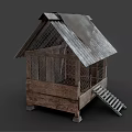 Simple Rustic Wooden Hut With Worn Corrugated Iron Roof And Wooden Staircase