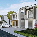 Modern Two Story Detached Villa Exterior With Illuminated Windows Landscaping And Car