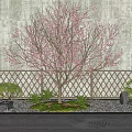 Blooming Pink Flower Tree With Bamboo Fence Gray Wall And Stone Decorations Near Water Surface
